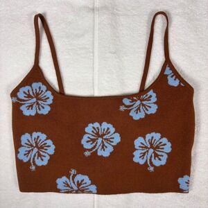 PacSun Hibiscus Floral Knit‎ Crop Tank Top Womens Small Brown Blue Boho Y2K